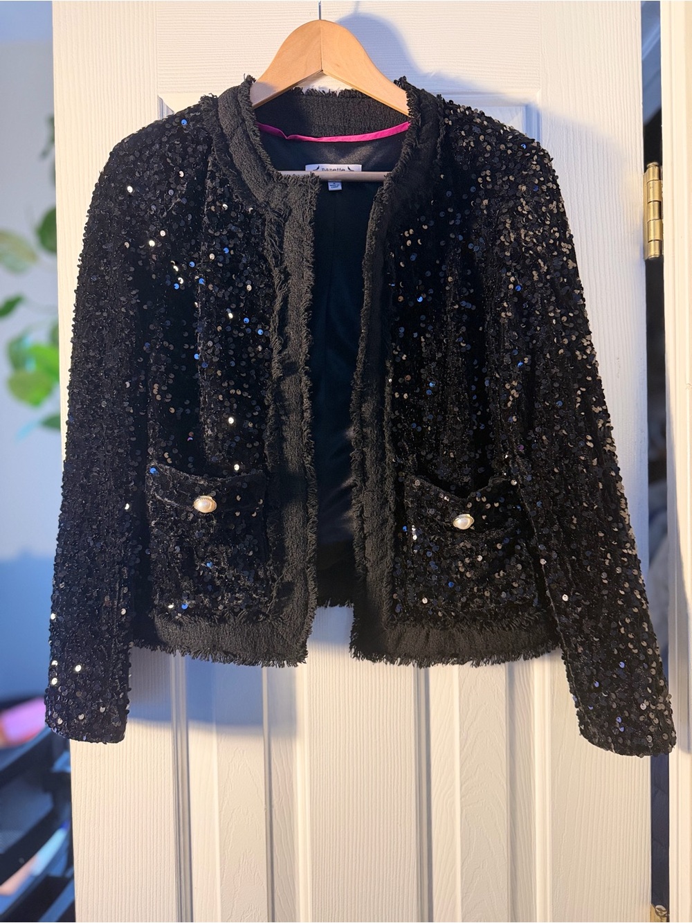 Nanette Lepore Black Sequin Tweed Boucle Jacket Frayed Trim Pearl Buttons Small